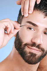 Image showing Beauty, facial and tweezers with eyebrow of man for grooming, skincare and maintenance. Hygiene, cosmetics and self care with face of model shaping growth for hair removal, treatment and cleaning