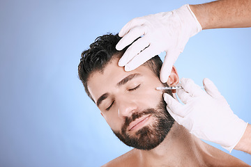 Image showing Needle, man and skincare in studio for beauty, botox and aesthetic on mockup background. Plastic surgery, face cosmetics and guy change body with anti aging filler, facial salon or prp transformation