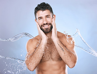 Image showing Water splash, skin care and man portrait for clean spa facial for beauty, hygiene and dermatology. Aesthetic model person on blue background for health and wellness cosmetics mockup, body and detox