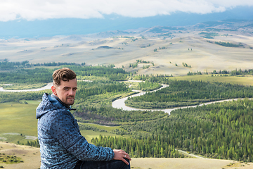 Image showing Relaxing man in Kurai steppe on North-Chui ridge