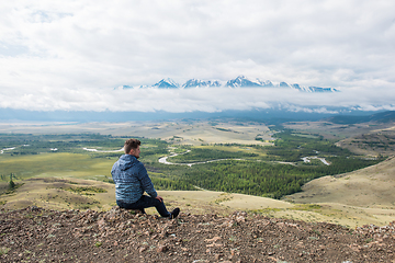 Image showing Relaxing man in Kurai steppe on North-Chui ridge