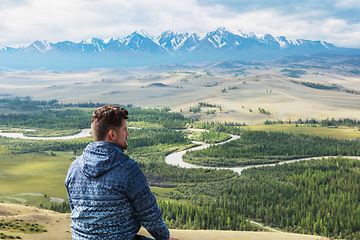 Image showing Relaxing man in Kurai steppe on North-Chui ridge