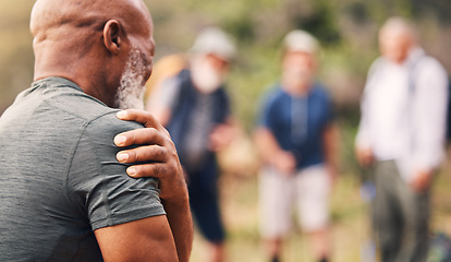 Image showing Shoulder pain, injury and back of senior black man after hiking accident outdoors. Sports, training hike and elderly male with fibromyalgia, inflammation or arthritis, broken bones or painful muscles