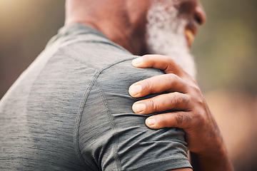 Image showing Shoulder pain, injury and hand of senior black man after fitness accident outdoors. Sports, training and elderly male with fibromyalgia, inflammation or arthritis, broken bones or painful muscles.