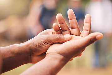 Image showing Hand, injury and senior man with mockup for arthritis, inflammation and fracture on blurred background. Hands, pain and elderly guy with injured palm outdoors, osteoporosis or wrist strain on space