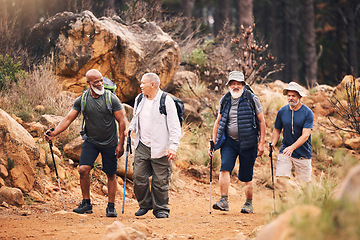 Image showing Hiking, nature and group of old men on mountain for fitness, trekking and backpacking adventure. Explorer, discovery and expedition with friends walking for health, retirement and journey