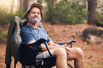 Image showing Forest camping, portrait and senior man relax on outdoor nature vacation for wellness, freedom peace and natural air. Woods, chair and relax elderly man on retirement holiday adventure in Australia