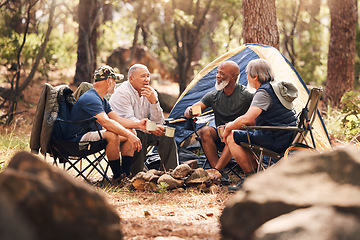 Image showing Senior people, camping and relaxing in nature for travel, adventure or summer vacation together on chairs by tent in forest. Group of elderly men talking, enjoying camp out conversation in the woods