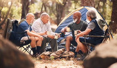 Image showing Man, friends and camping in nature for holiday travel, getaway or summer vacation together by tent in forest. Group of elderly men relaxing on camp chairs with drink and enjoying day in the outdoors