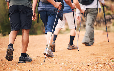 Image showing Hiking, sports and feet of people walking for adventure, healthy body and fitness in outdoor forest. Travel, freedom and shoes of hikers for exercise wellness, trekking and cardio workout in woods