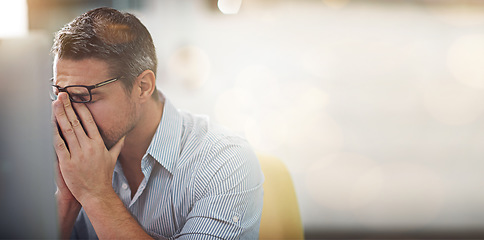 Image showing Computer, stress burnout or business man with anxiety from bad investment, stock market crash or financial crisis mockup. Problem, headache or crypto trader with forex, bitcoin or NFT trading mistake