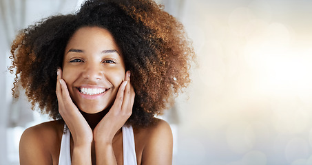 Image showing Black woman, beauty portrait and skincare by mockup space, smile or happy for cosmetic beauty by blurred background. African gen z girl, skin health or natural glow aesthetic for self care in mock up