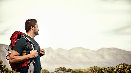 Image showing Man, hiking and mountain with backpack for travel, adventure or trekking in nature on mockup. Male hiker standing and backpacking for hike journey, exercise or workout and traveling in the outdoors