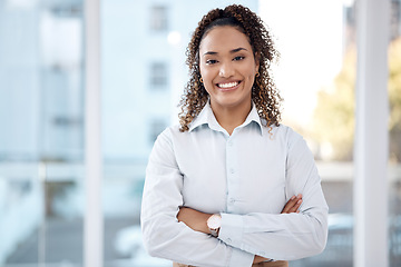 Image showing Business, success and portrait of black woman with smile, crossed arms and happy for vision, ideas and startup. Corporate leader, office and female entrepreneur in Mexico for goals, mission and pride