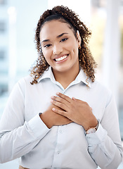 Image showing Happy, black woman and business portrait with hands on chest for care, kindness and love for charity. Face of person with smile and emoji for heart, thank you and gratitude or trust and hope mockup