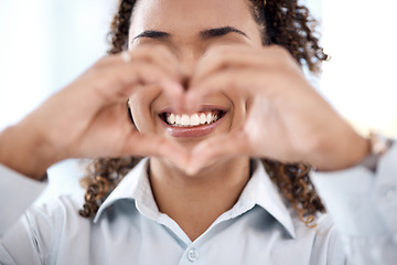 Image showing Black woman, hands and heart emoji for love, charity and support with teeth smile. Happy face of person with shape for care, valentines day and hope or icon sign for review, kindness and feedback