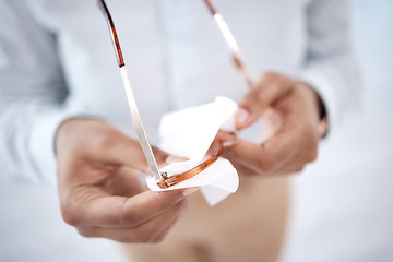 Image showing Hands, woman and cleaning dust of glasses with fabric tissue for protection, sight and eyes. Person, microfiber cloth and wipe spectacles, frames and eyewear for clear vision, reading and lens care