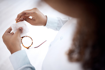 Image showing Lens cleaning, girl hands and glasses of a young student with fabric cloth to clean dust. Vision eye care, home and reading eyeglasses of a person holding frame for disinfection and eyewear safety