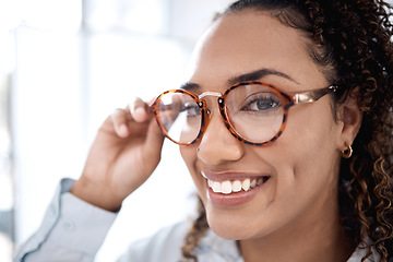 Image showing Black woman, face and smile with glasses for eye care, vision and designer frame, prescription lens and optometry. Portrait, fashion eyewear and health for eyes for wellness and happy with choice