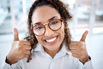 Image showing Optometry, thumbs up and face of woman with glasses for vision, eye care and health in shop. Eyewear, wellness portrait or happy female from South Africa with hand gesture for success, approval or ok