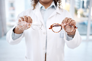 Image showing Eye care, vision and woman, choice of glasses in hands, optometrist and healthcare for eyes with doctor. Prescription lens, designer frame and eyewear decision, health insurance and optometry