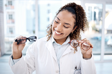 Image showing Eye care, vision and woman, glasses choice and optometrist, healthcare for eyes with doctor and smile. Prescription lens, different designer frame and eyewear decision, health insurance and optometry