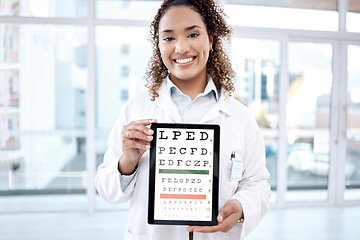 Image showing Portrait, eye chart and doctor with tablet in hospital for vision examination in clinic. Healthcare, snellen and medical ophthalmologist or woman holding technology with text or letters for eyes test