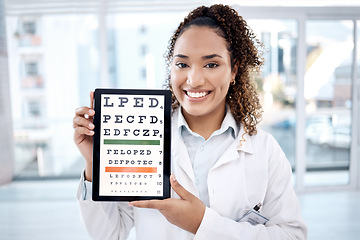 Image showing Eye chart, portrait and doctor with tablet in hospital for vision examination in clinic. Healthcare, snellen touchscreen and optometrist or woman holding technology with text or letters for eyes test