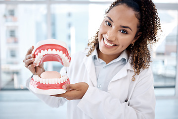 Image showing Dentures, healthcare and portrait of dentist for dental wellness, teeth whitening and oral care. Dentistry, medical clinic and orthodontist smile with mold for mouth hygiene, tooth surgery and braces