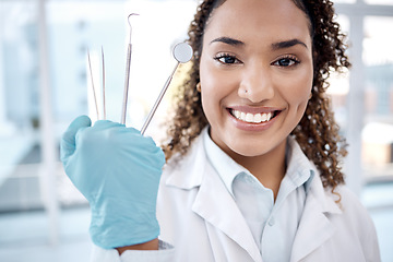 Image showing Dentist portrait, healthcare and hands with tools for dental wellness, teeth whitening and gum care. Dentistry, medical clinic and orthodontist with metal equipment for oral hygiene, surgery and gums