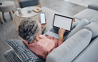 Image showing Woman, phone and laptop with mockup media on sofa, screen and living room connection for social networking. Female, home and mock up technology space for digital download, online contact and search