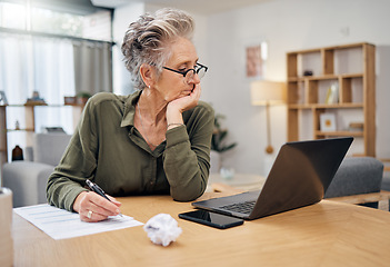 Image showing Focus, planning and senior woman on laptop writing, work from home budget or financial strategy. Person thinking, reading debt and pension document or insurance paperwork, taxes or finance investment