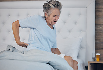 Image showing Back pain, elderly woman and health with injury and old age, medical emergency with sick person and wellness. Inflammation, muscle tension and spine, arthritis or fibromyalgia with healthcare