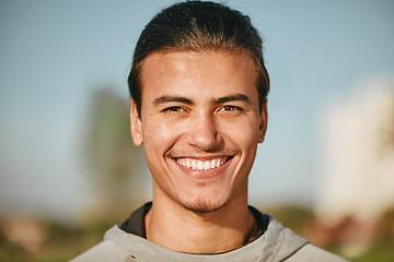 Image showing Face, portrait and smile of fitness man in nature ready to start exercise, workout or training. Sports, wellness and happy male athlete from Canada with exercising goals, targets and motivation.