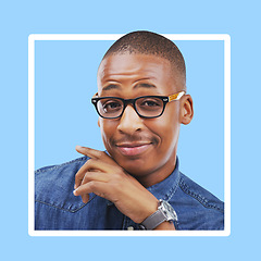 Image showing Portrait, frame or black man with happiness, achievement or opportunity with success on blue studio background. Face, border or African American male with confidence, smile or celebration on backdrop