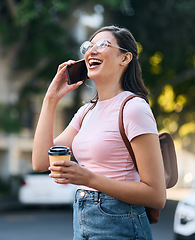 Image showing Travel, smile or student woman with phone call in morning for communication, networking or speaking in street. London, university or girl on 5g smartphone walking in city, street or road outdoor park