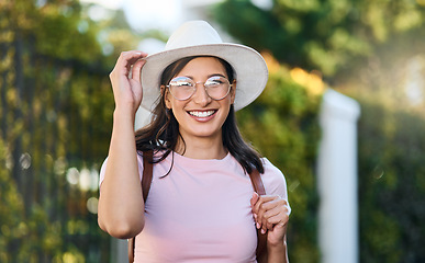 Image showing Woman, portrait and park of a young person in London happy about nature, travel and freedom. Happiness, smile and laughing female with blurred background in a garden feeling relax and summer fun