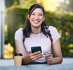 Image showing Asian woman, phone and portrait with coffee of a person in a London garden happy about travel. Networking, online communication and text of a traveler on cellphone with blurred background on app