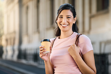 Image showing Travel, coffee and woman portrait by a city building with freedom on a urban adventure in Italy. Relax, smile and morning drink of a young person on vacation with happiness and backpack outdoor