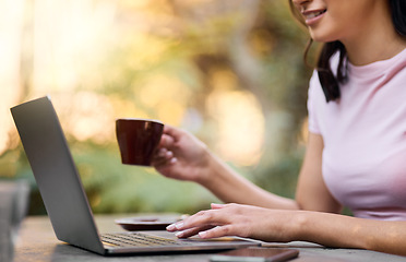 Image showing Nature, hand search or woman with laptop on park in morning for social media, networking or reading comic blog. Smile, coffee or girl on 5g technology for freedom, web or internet news communication