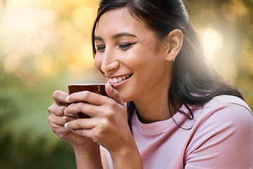 Image showing Happy, mockup and woman relax with coffee, content and satisfied against a blurred background. Smile, space and girl with tea at outdoor cafe, peaceful and calm while enjoying the day off on bokeh