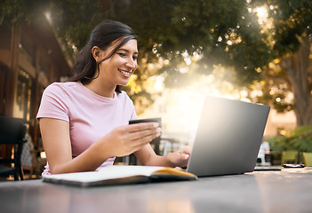 Image showing Credit card, happy woman and laptop banking data of a female checking savings, budget and bills. Financial payment planning, ecommerce and accounting info of a young person online doing web finance