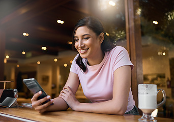 Image showing Cafe, search or student woman on phone in morning for social media, networking or reading comic blog. Smile university or girl on smartphone at college coffee shop for learning or internet media app