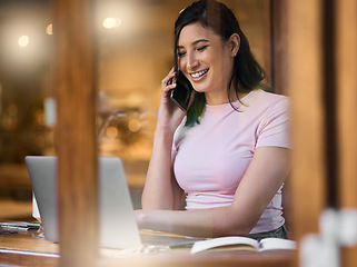 Image showing Coffee shop window, phone call and woman doing online writer work in a cafe. Computer, smile and happiness of a young person in a restaurant with online writing with mobile communication and tech