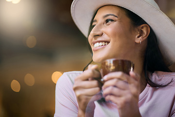 Image showing Relax, cafe and woman on mockup with coffee, happy and smile while thinking on bokeh background. Restaurant, tea and contemplation by smiling girl relaxing with beverage, break and joy at coffee shop