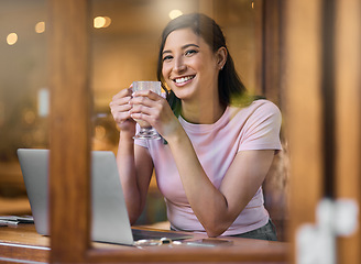 Image showing Coffee shop, laptop and face of woman with remote work, online management career and virtual networking job with smile. Happy woman working in a restaurant or cafe with lunch break and portrait