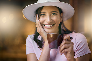 Image showing Portrait, coffee and woman relax at a cafe, smile and happy on against a blurred background. Face, tea and girl at a restaurant for break, chilling and off day leisure on the weekend with mockup