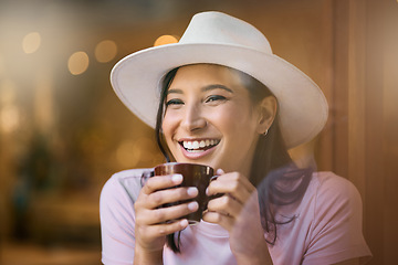 Image showing Cafe, relax and woman on mockup with coffee, happy and smile while sitting on bokeh background. Restaurant, tea and happiness by cheerful girl relaxing with a beverage, excited and at a coffee shop