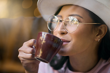 Image showing Mockup, coffee and woman relax at a cafe, smile and happy against a blurred background. Face, tea and girl tourist at a restaurant for break, chilling and leisure on the weekend, peaceful and calm