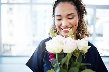 Image showing Woman, face and happy for valentines day flowers, love and care as gift for kindness, birthday or romance. Doctor person with rose flower bouquet and mockup space with gratitude, happiness and hope